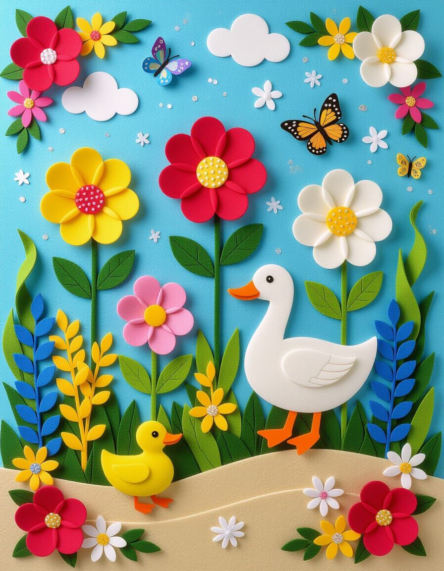 Felt Art Flowers on a Sunny Beach Meadow