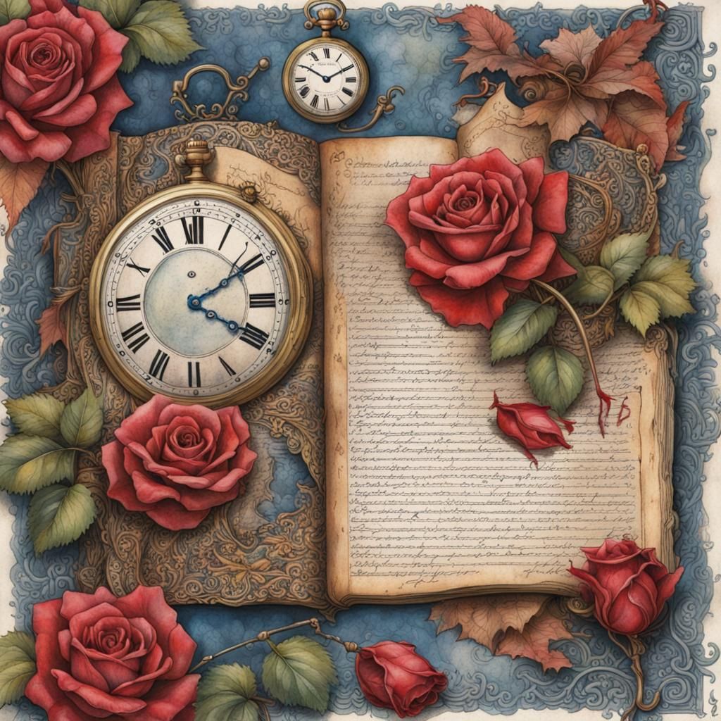 Detailed Journal Page with Roses, Watch and River