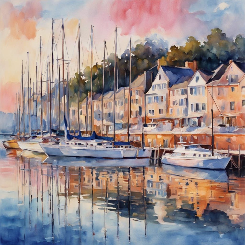 Serene Harbor Marina at Sunset in Impressionist Watercolor