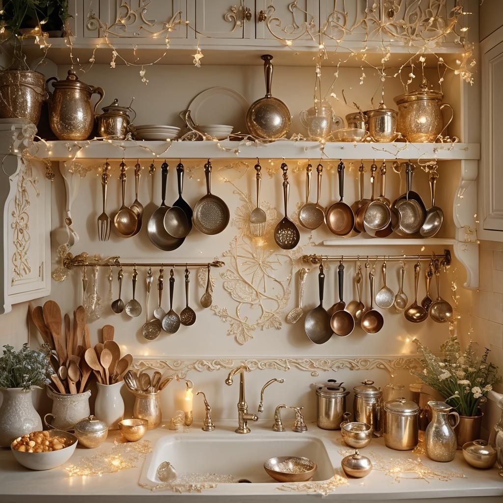 Whimsical Kitchen with Fairy Lights in Dreamlike Style