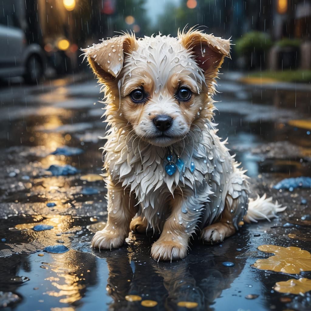 Puppy in Rain: Whimsical Concept Art