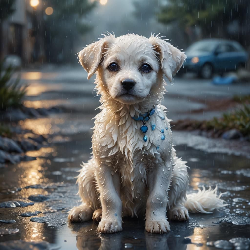 White Puppy in Rain: Whimsical Fantasy Portrait
