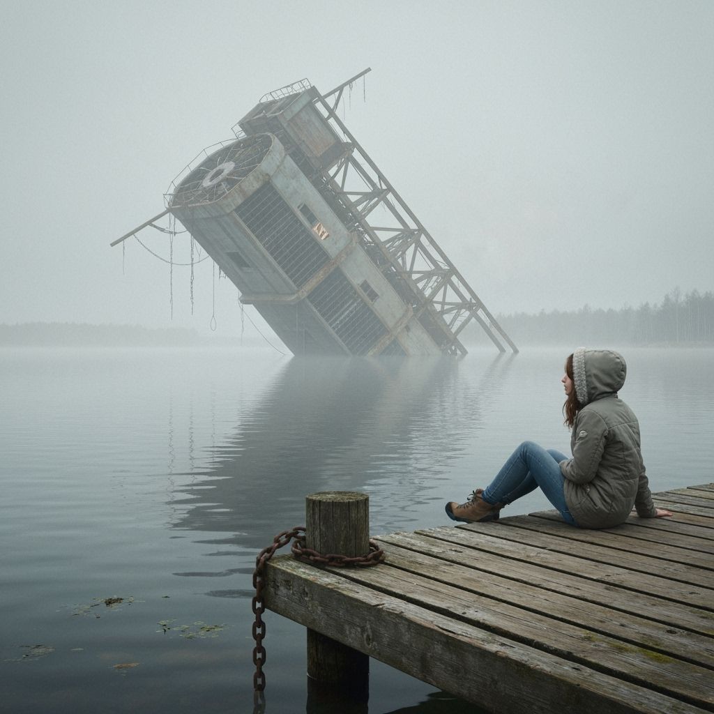 Melancholic Winter Scene of Woman by Ruined Megastructure
