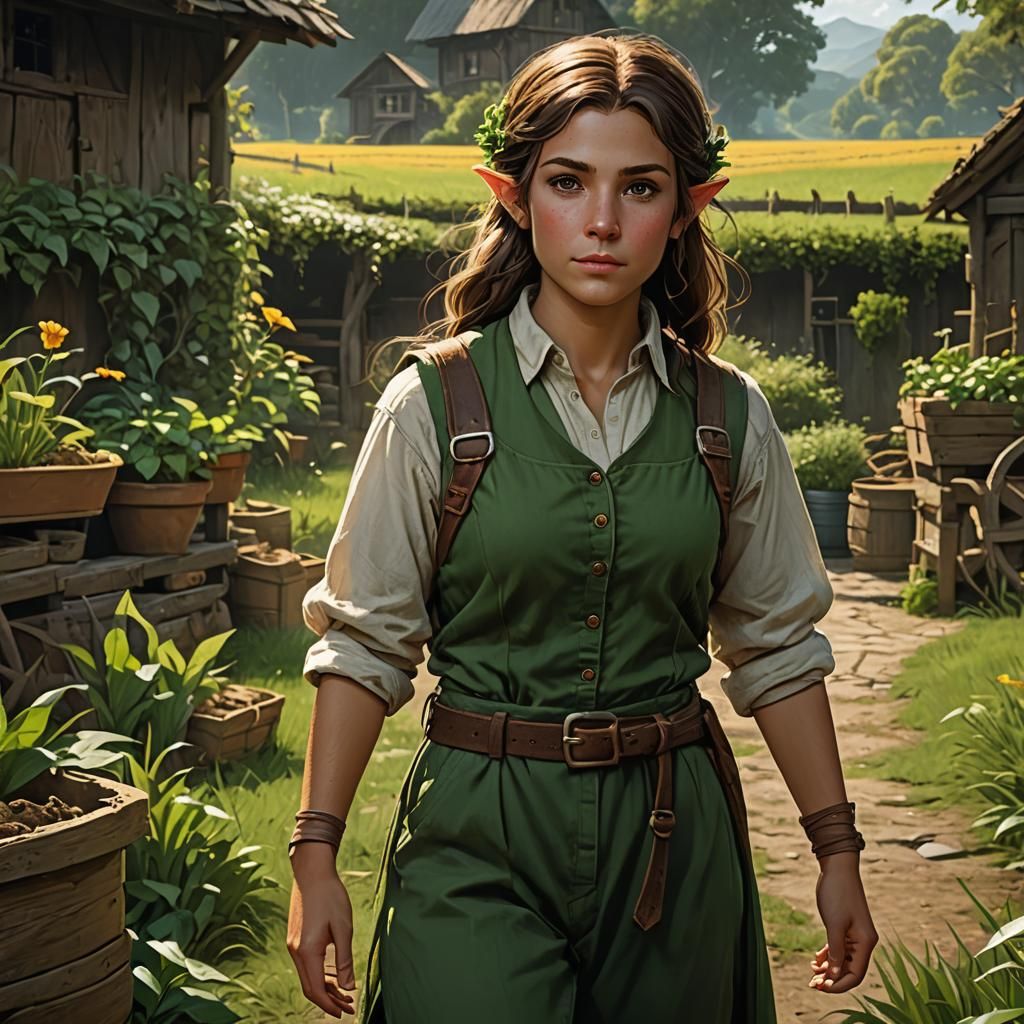 Young Half-Elf Farmer Girl in Dark Fantasy Style