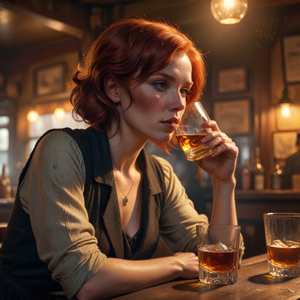 Roaring 20s Redhead Sipping Whiskey in Smoky Bar