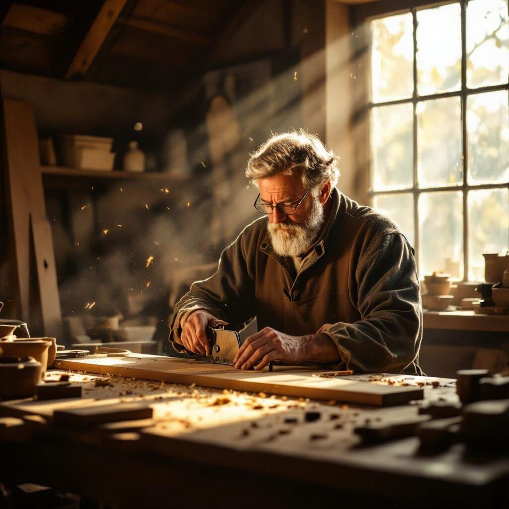Carpenter Measures Wood Seven Times in Golden Light