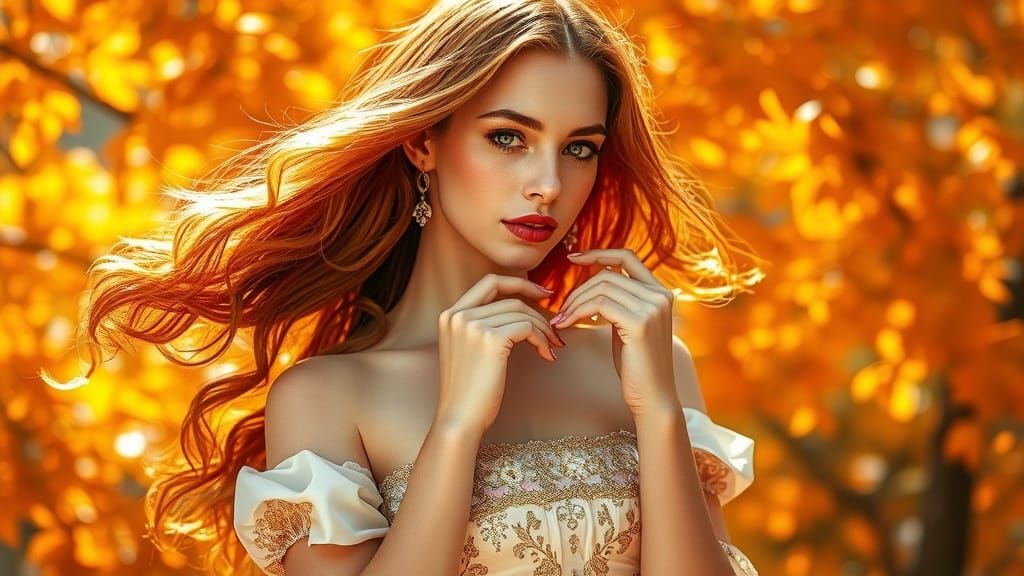 Autumn Beauty with Copper Hair in Art Nouveau Style