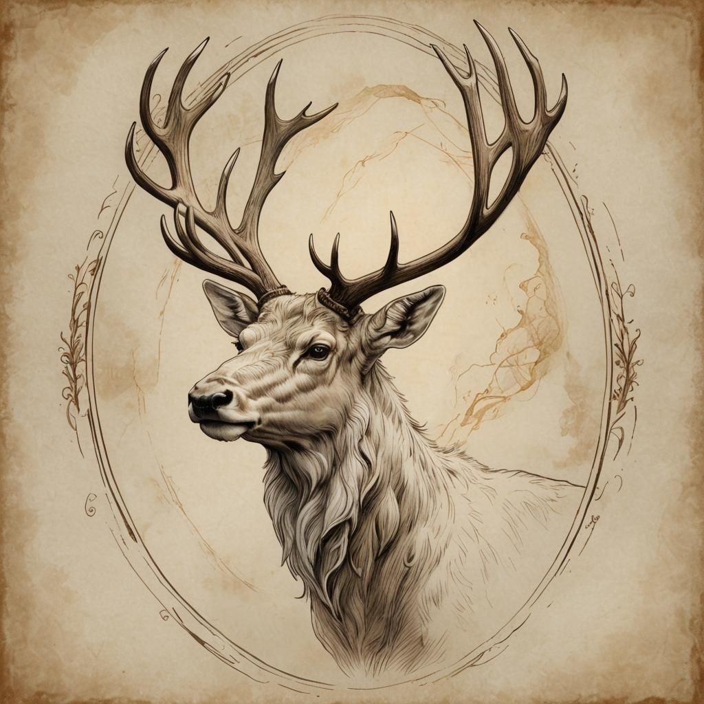 Majestic White Elk Portrait in Ink Illustration