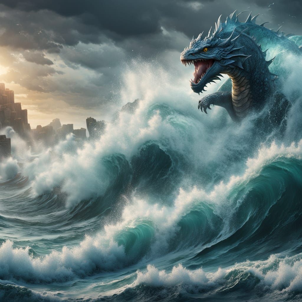 Stormy Sea With Hyperrealistic Water Dragons