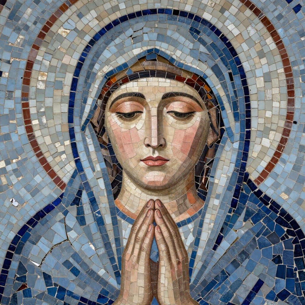 Mother Mary Mosaic Art Praying Serene