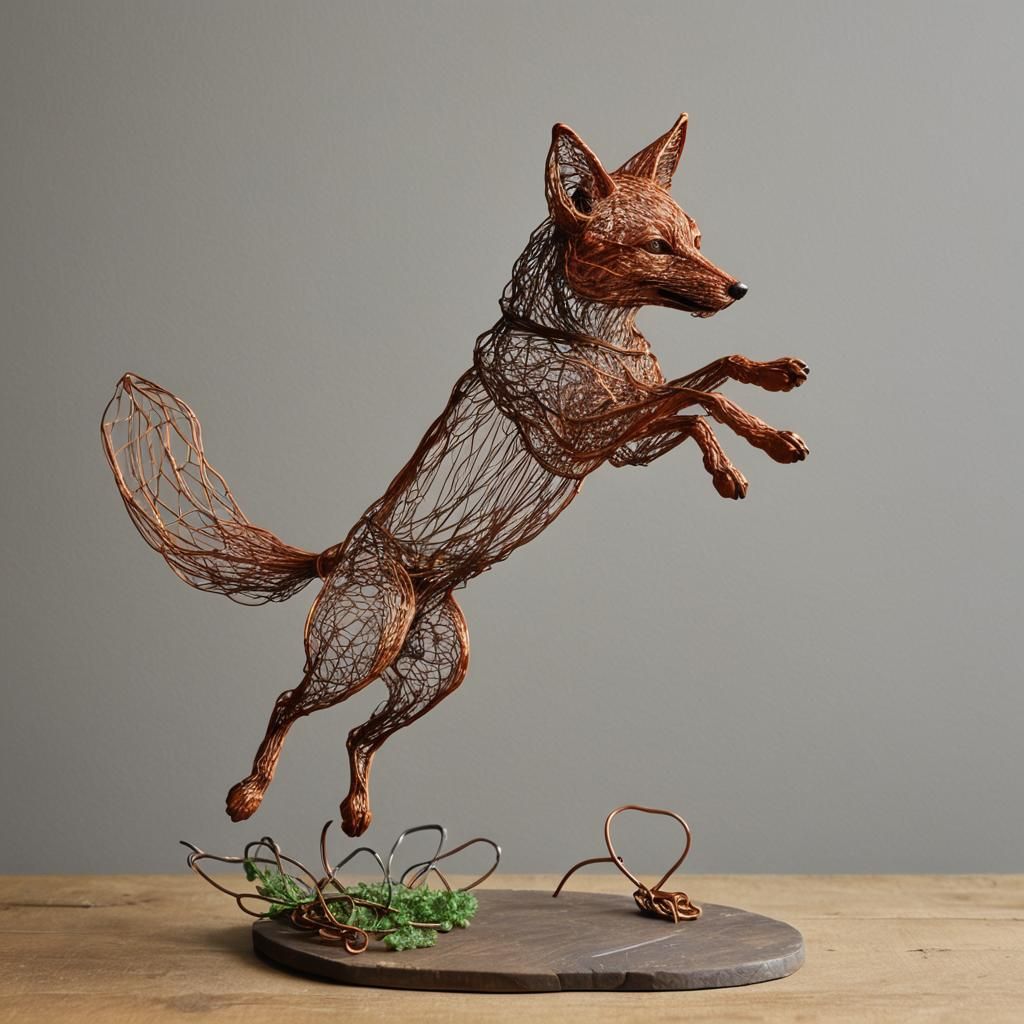 Wire Fox Sculpture in Mid-Jump