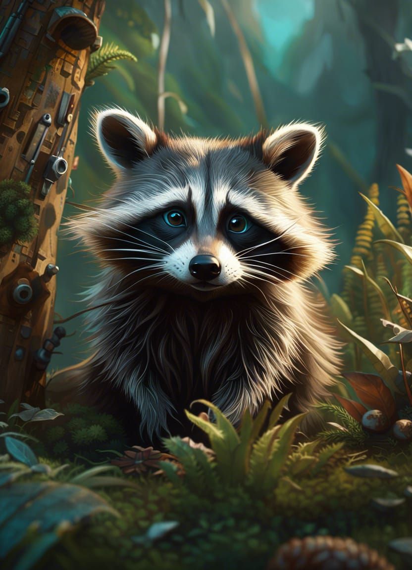 Friendly Raccoon in Detailed Landscape, Digital Art