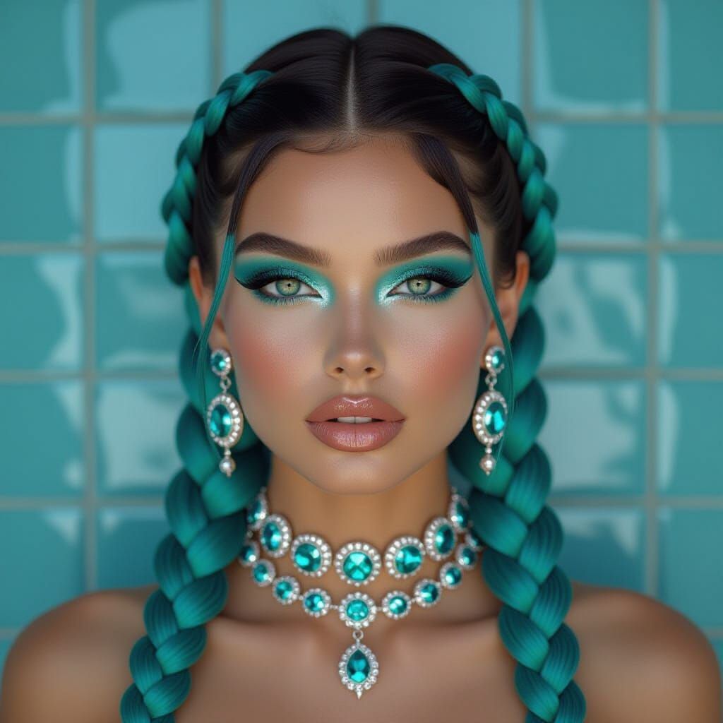 Teal Rhinestone Woman: Photorealistic Digital Art