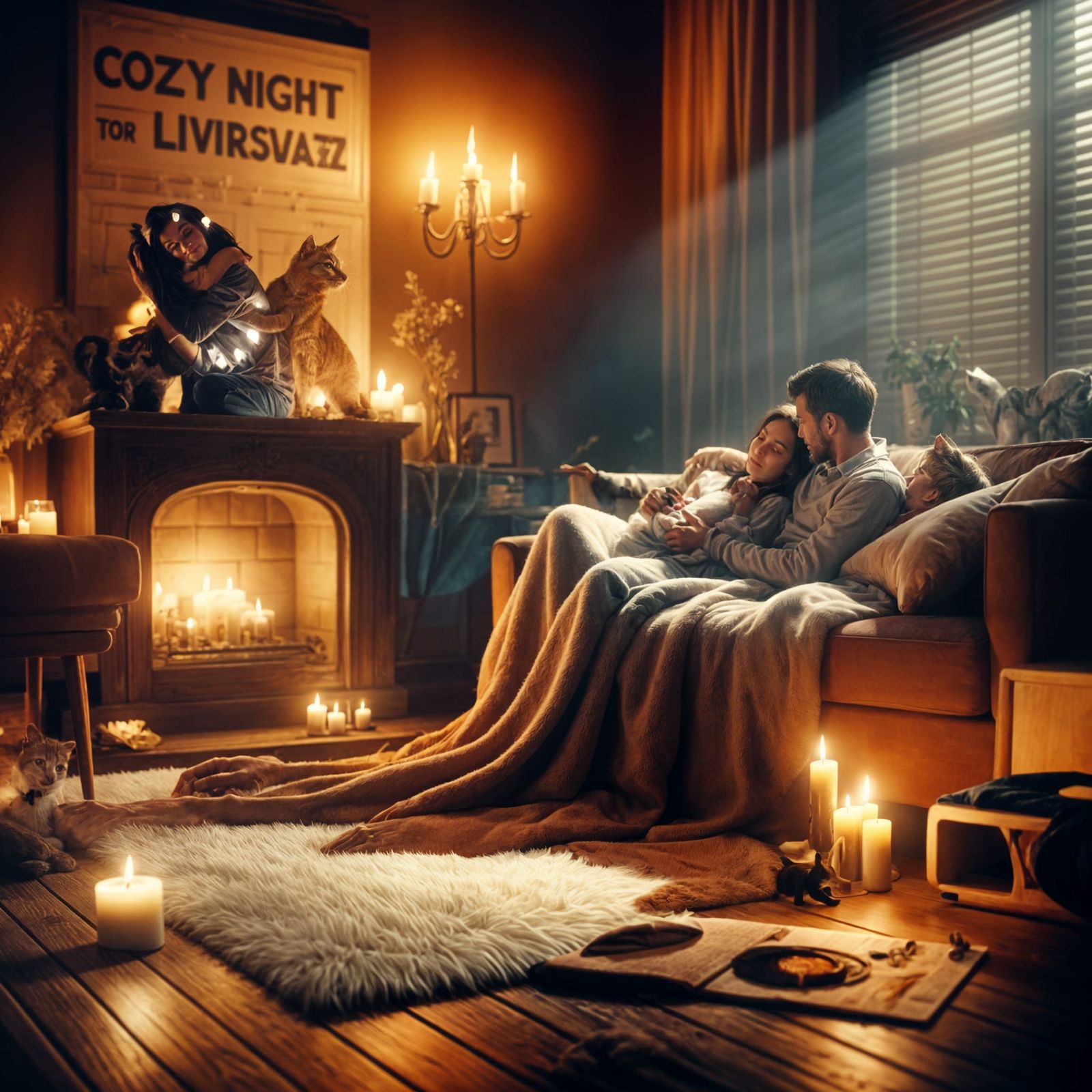 Cozy Evening Scene with Couple and Cat