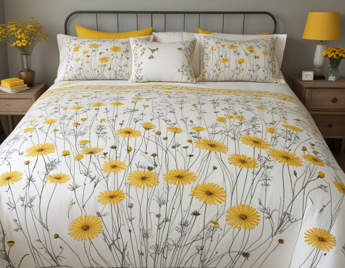 Whimsical Embroidered Bedspread with Dandelions in Vibrant C...