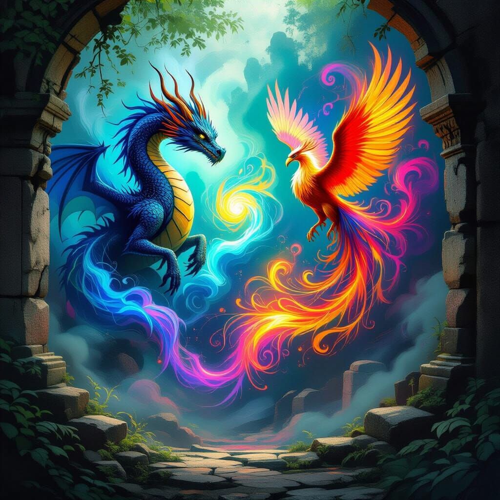 Mythical Trio Weaving Magic in Verdant Ruins