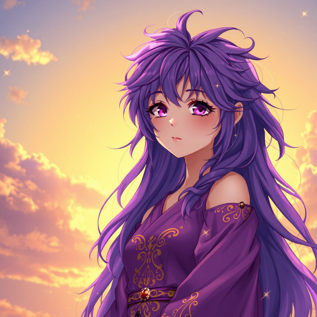 Anime Teen with Purple Hair and Golden Embroidery
