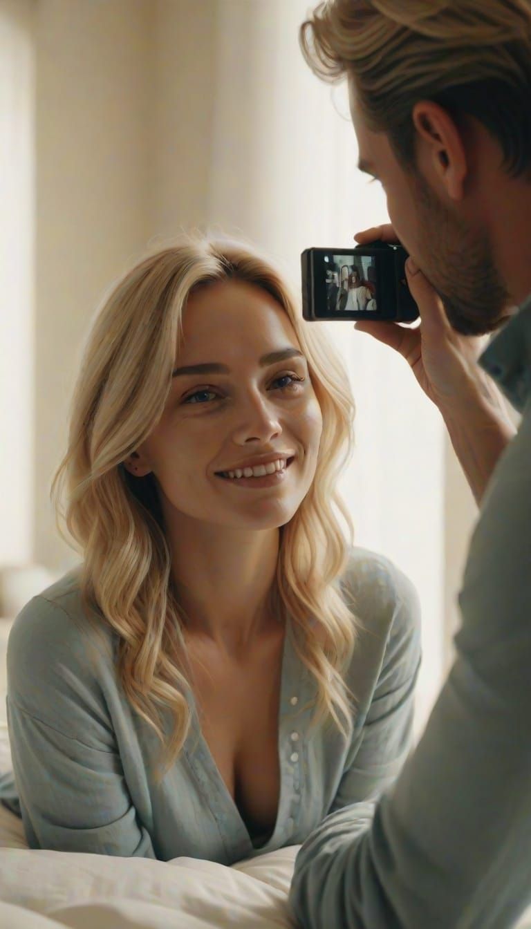 Intimate Film Still: Man Photographing Woman in Warm Light