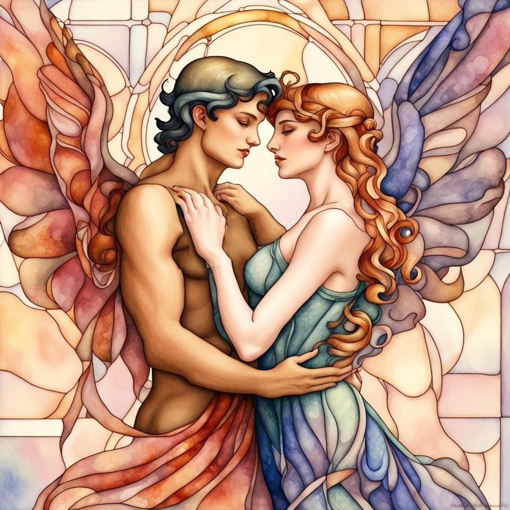 Eros and Psyche in Art Nouveau Stained Glass