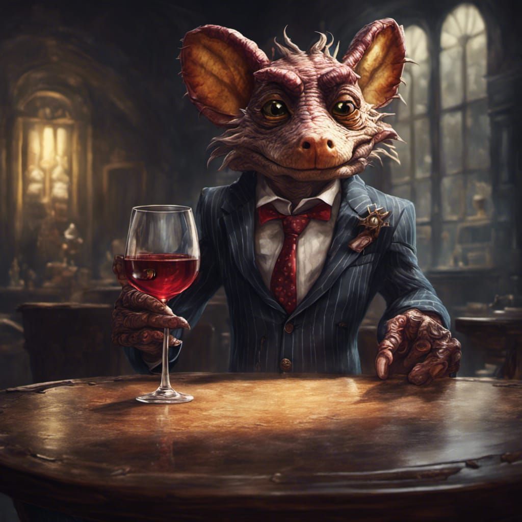 Kobold in Pinstripes with Wine, Fantasy Art