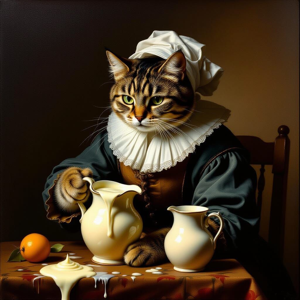 Baroque Cat Pours Luminous Cream in Vermeer Style