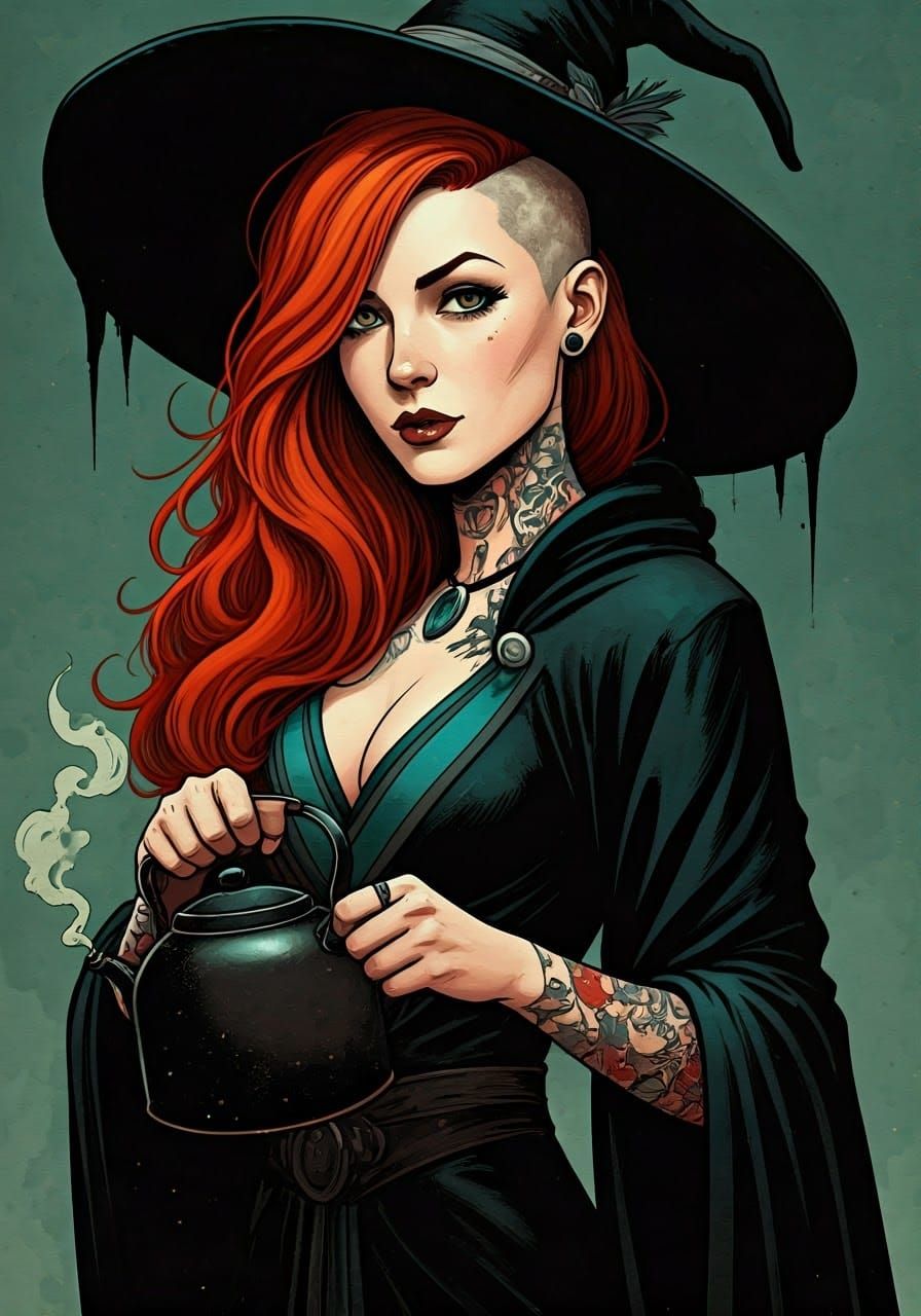 Red-Haired Witch Portrait in Graphic Novel Style