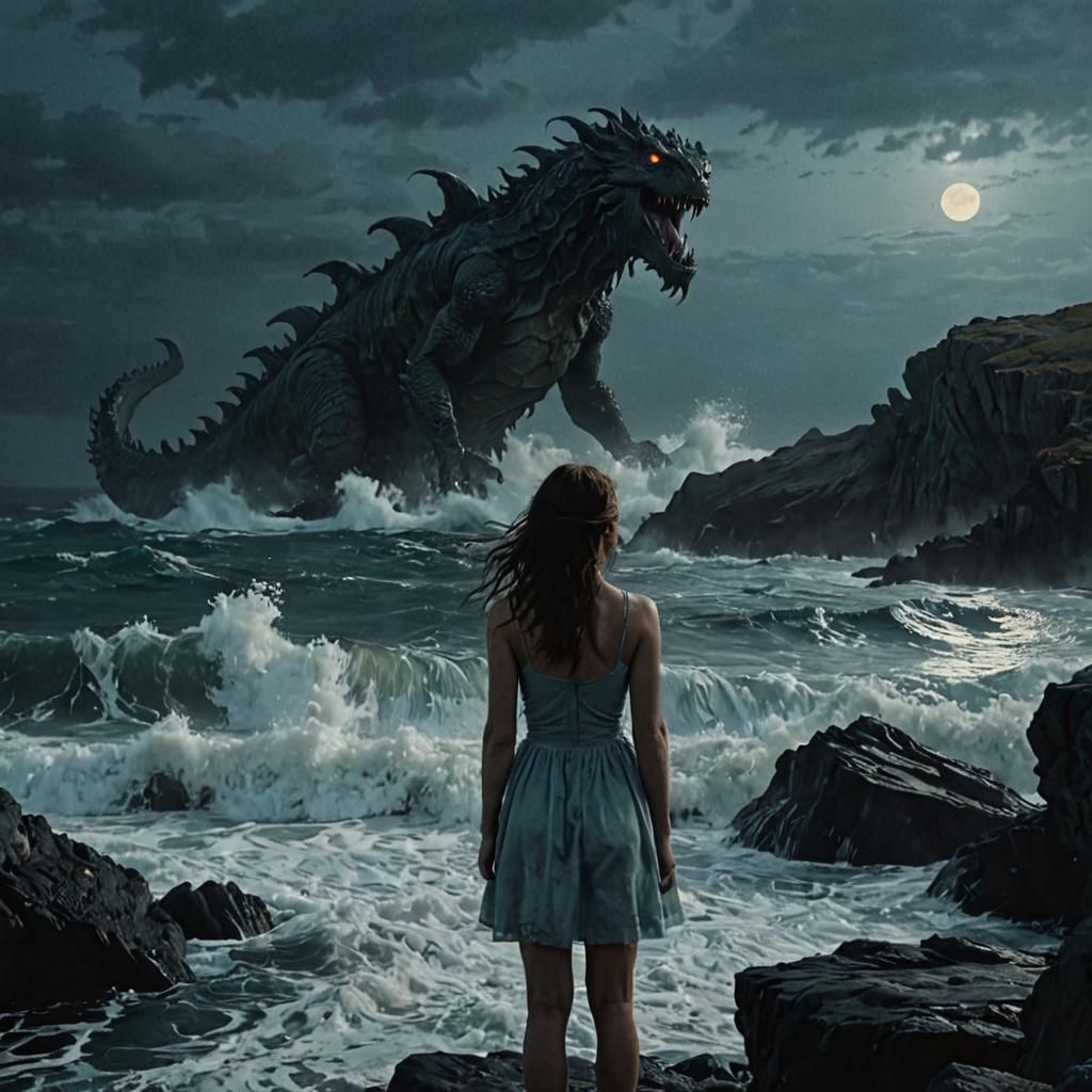 Girl Gazes at Sea Monster in Film Noir Style