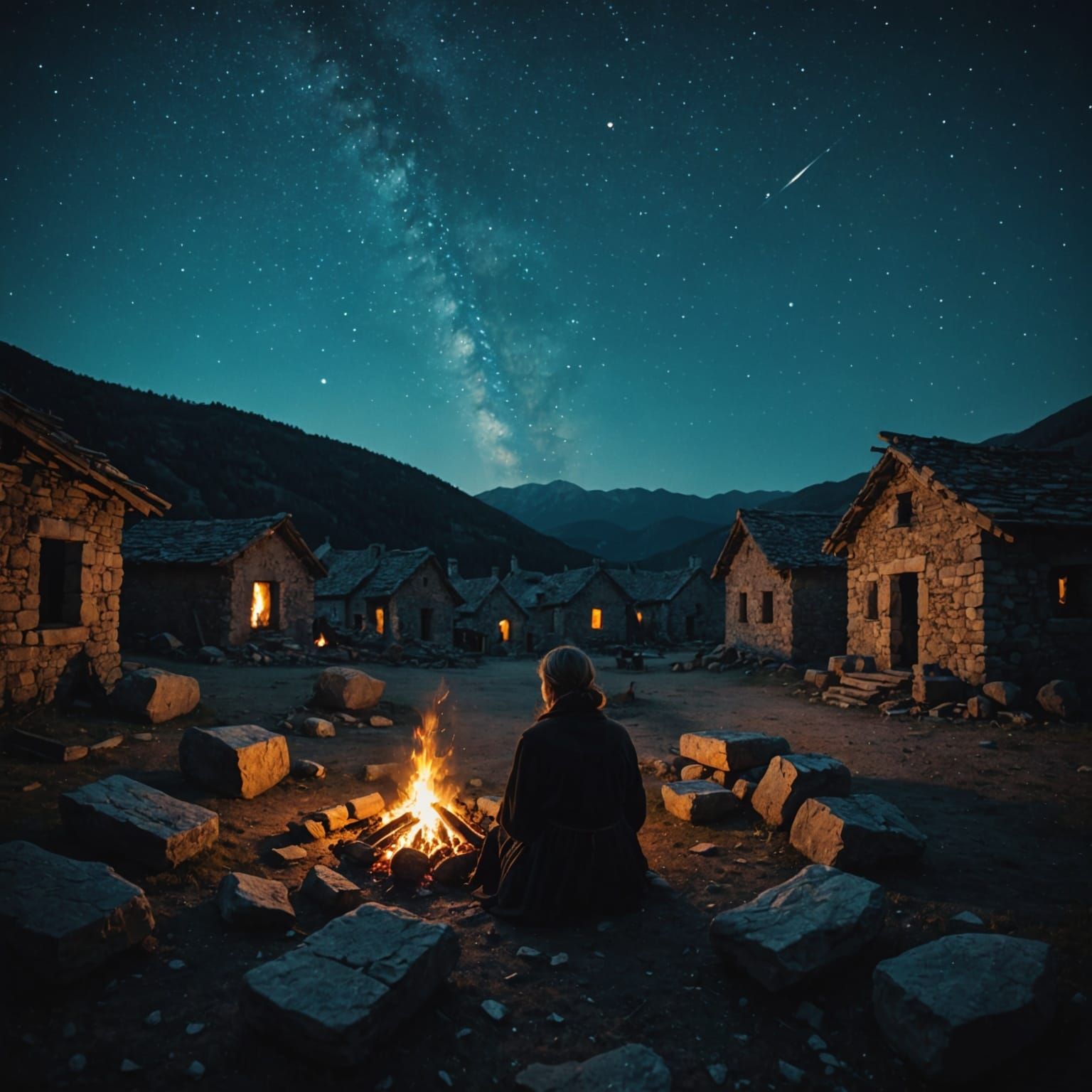 Traveler Rests by Fire in Ancient Ruins