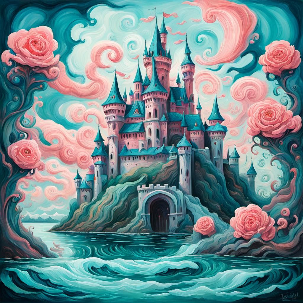Teal and Rose Castle with Monster in Gouache Style