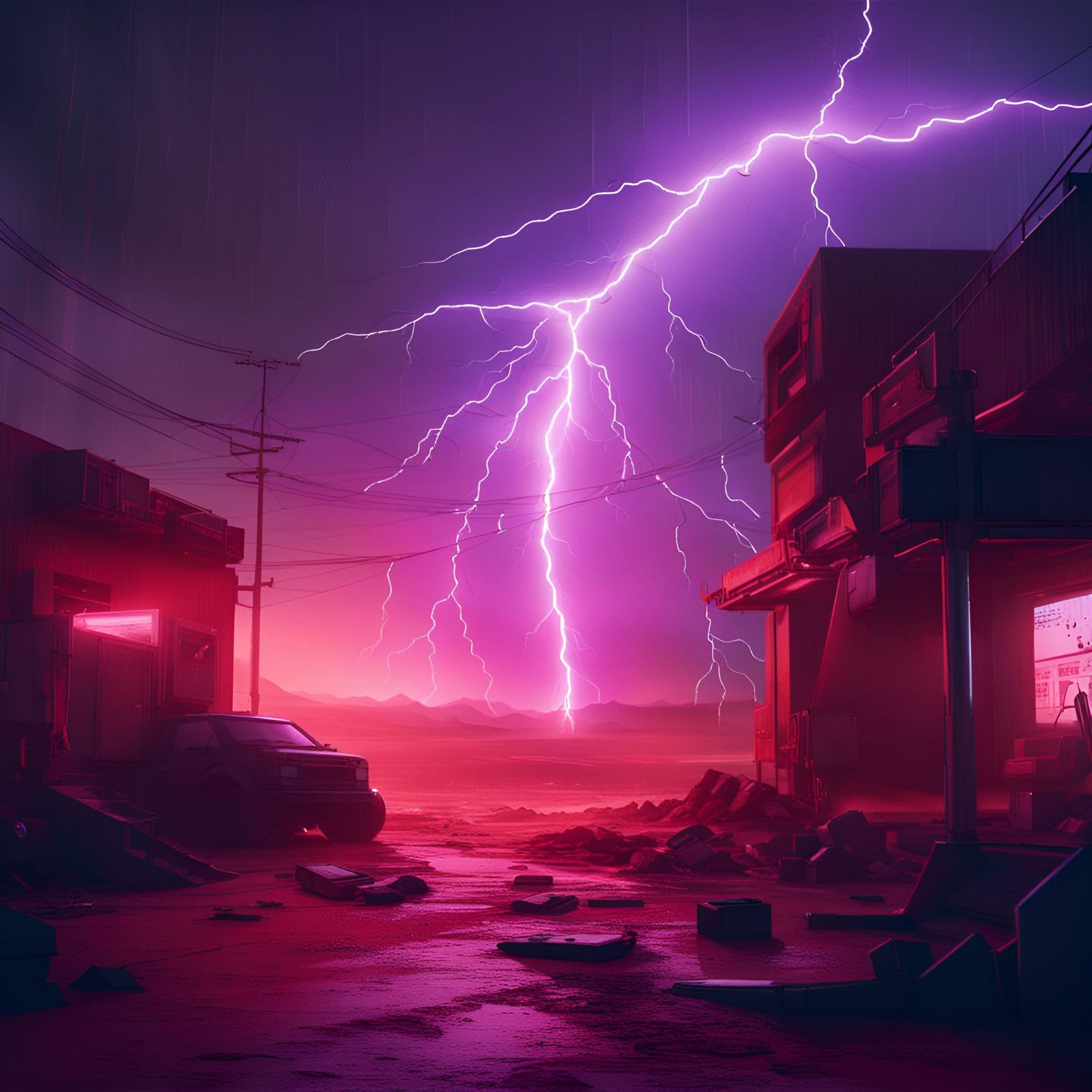 Neon Lightning Storm over Desert Town in Cyberpunk Style