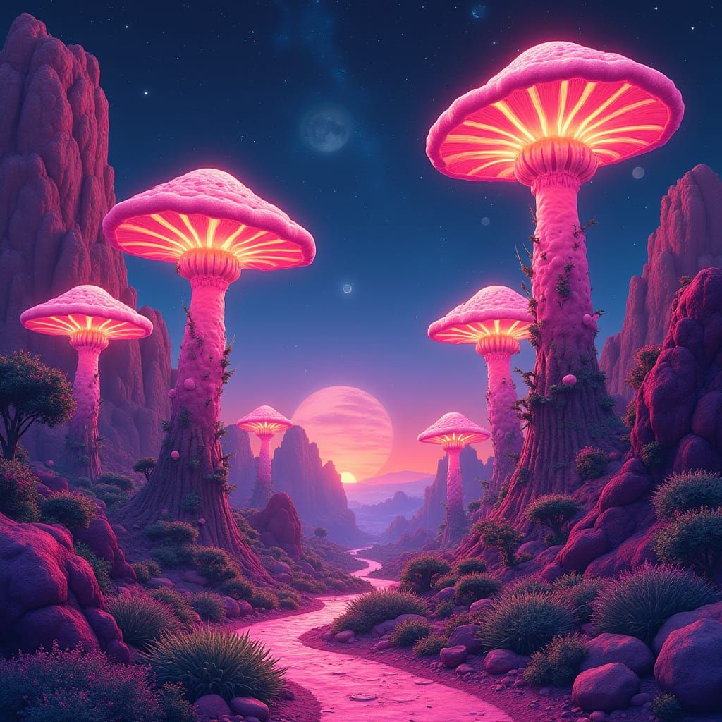 Neon Alien Landscape with Glowing Plants and Psychedelic Vib...