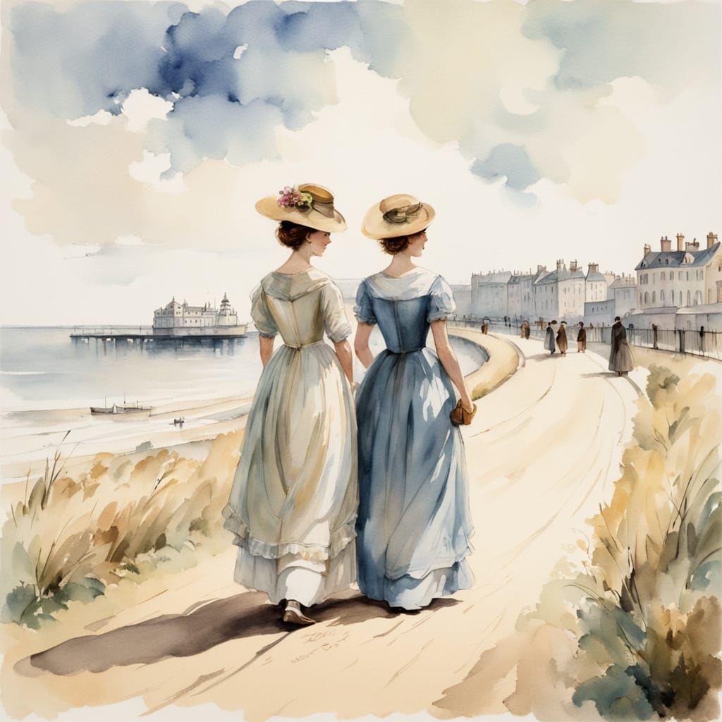 Regency Sisters Stroll Along Brighton Seaside in Soft Golden...