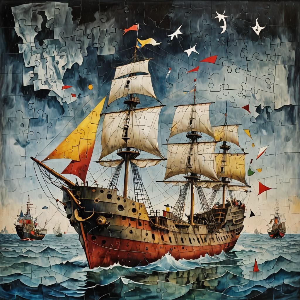 Surreal Ship Captain Double Exposure in Watercolor Style