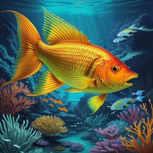 Regal Golden Fish with Armor-Like Fins and Majestic Horn