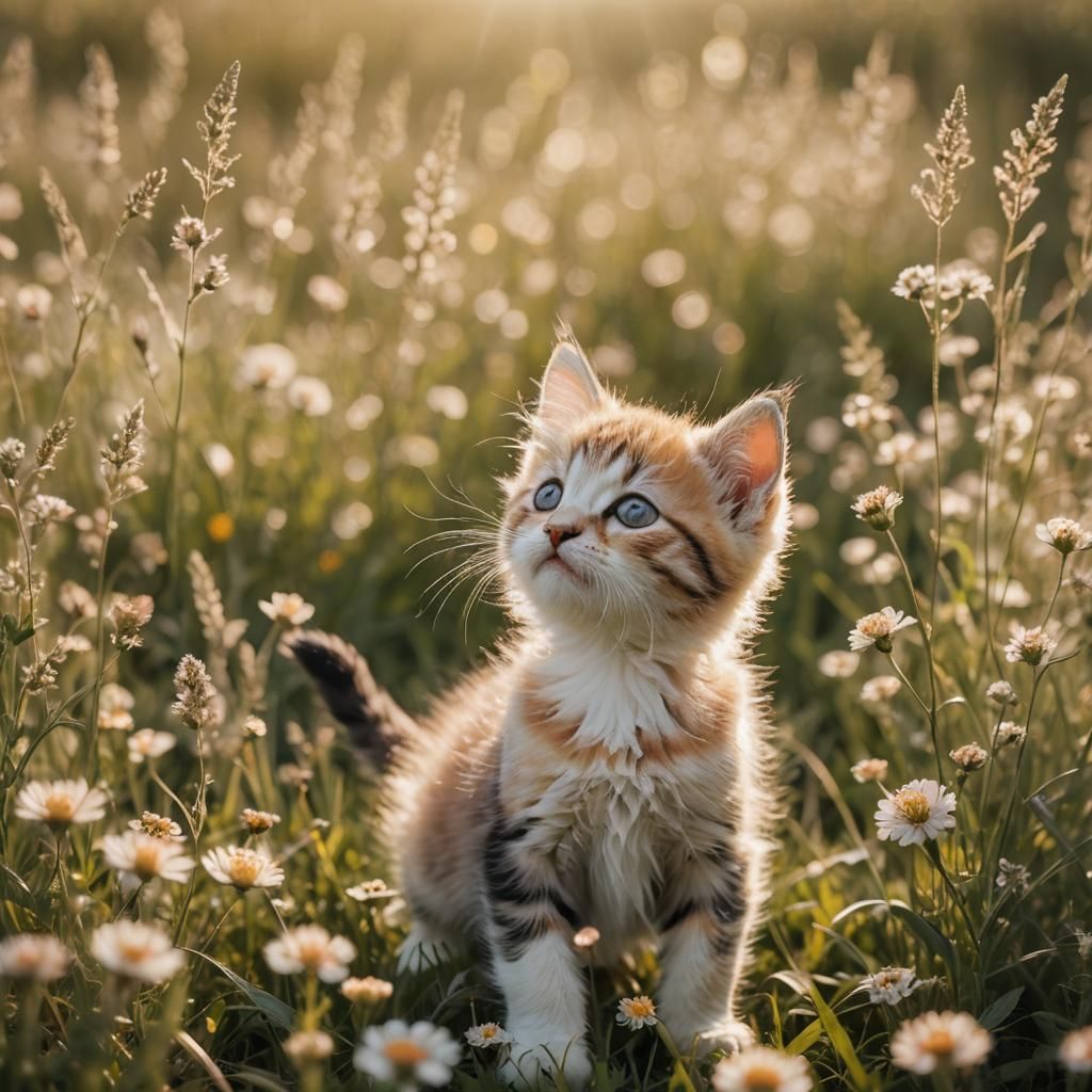 Kitten Dancing in Sunlit Meadow: Macro Photography