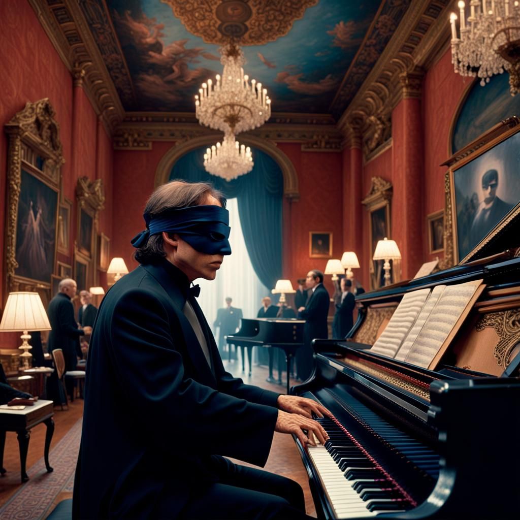 Dramatic Blindfolded Pianist in Cinematic Style