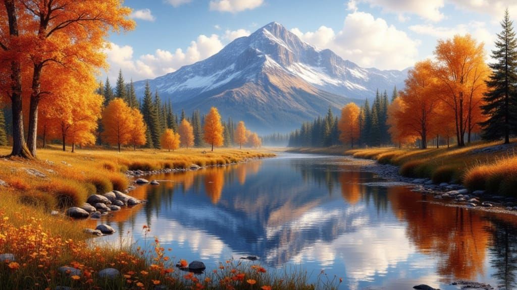 Magnificent Autumn Mountain Lake Impasto Painting