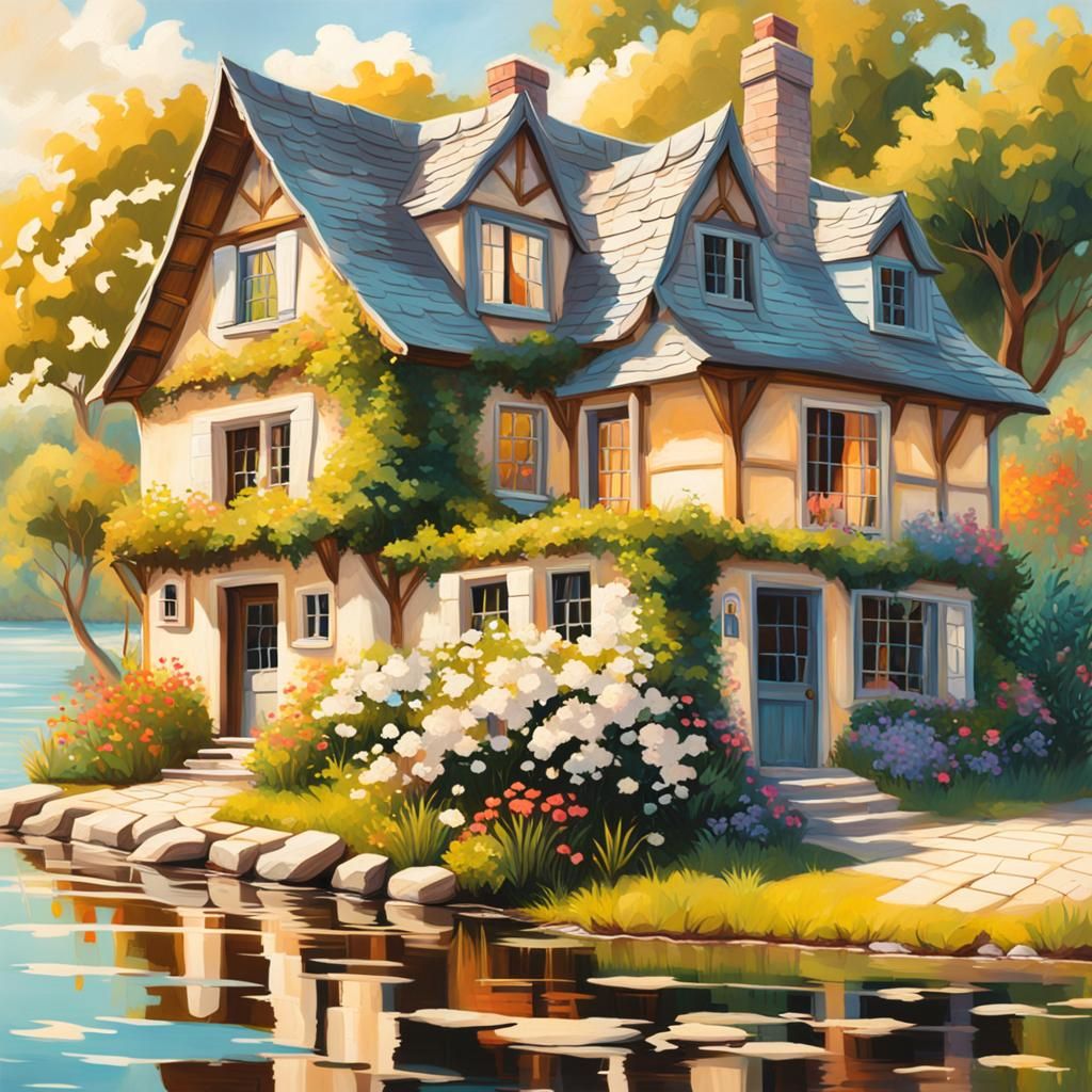 Whimsical Cottage Near Water: Hyperrealistic Splash Art
