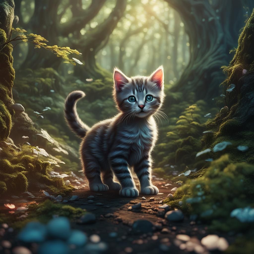 Kitten in Forest: Detailed Matte Painting