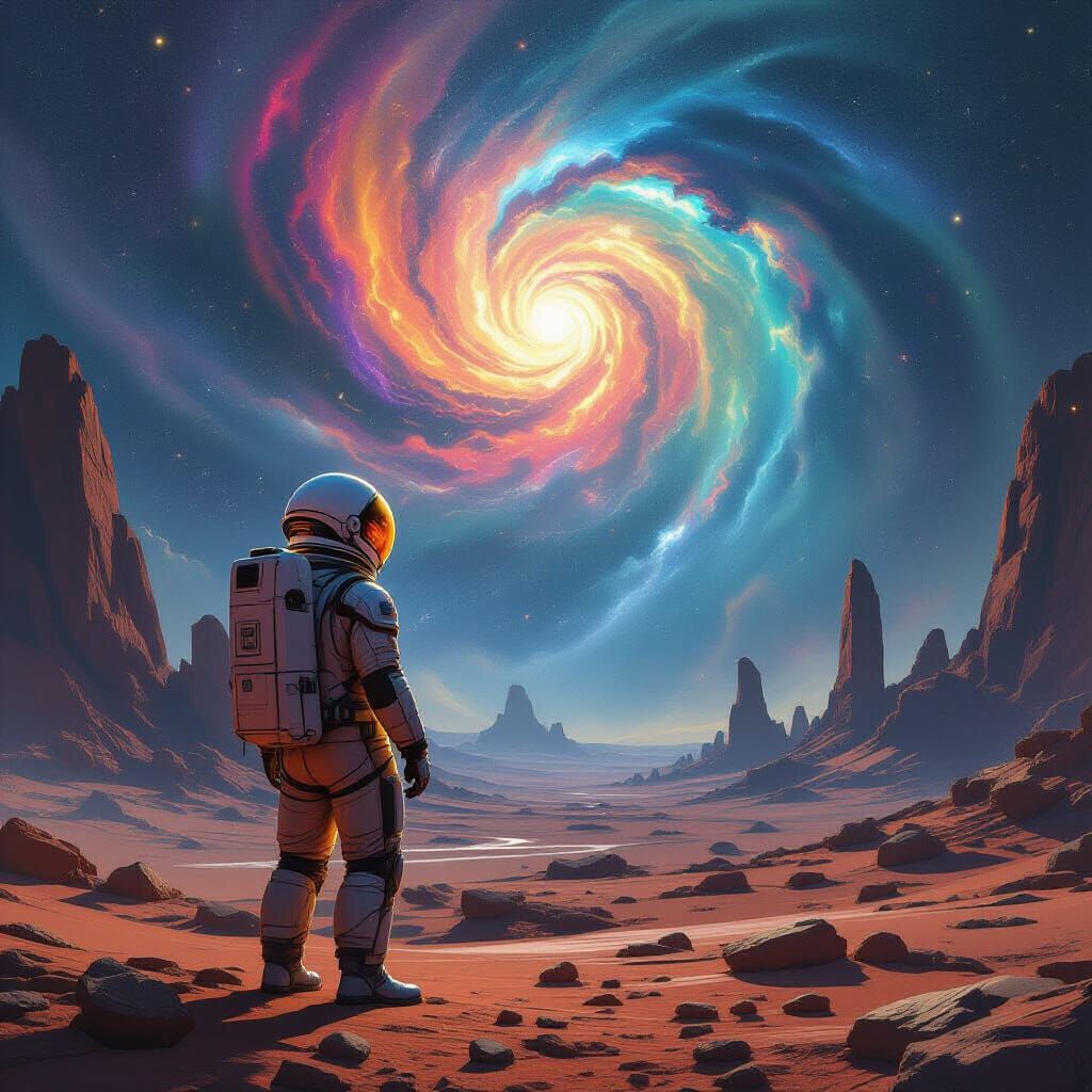 Astronaut on Alien Planet Gazing at Nebula