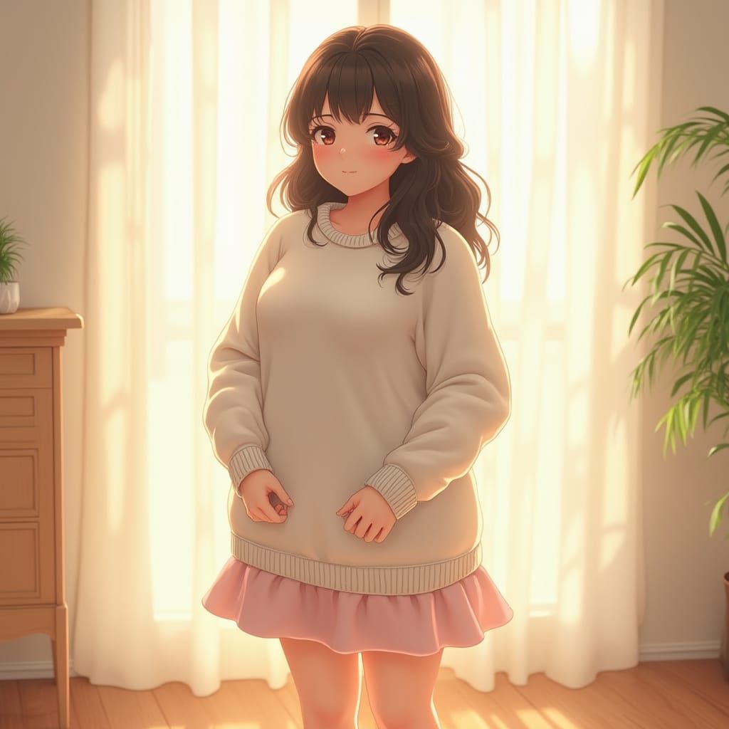 Cozy Indoor Portrait of a Shy Young Woman with Soft Curves