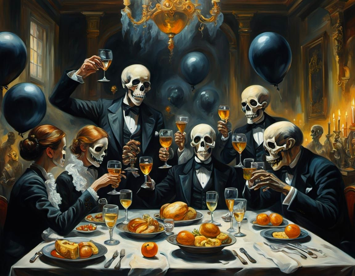 Ghosts Toast New Year in Haunted Ballroom Oil Painting