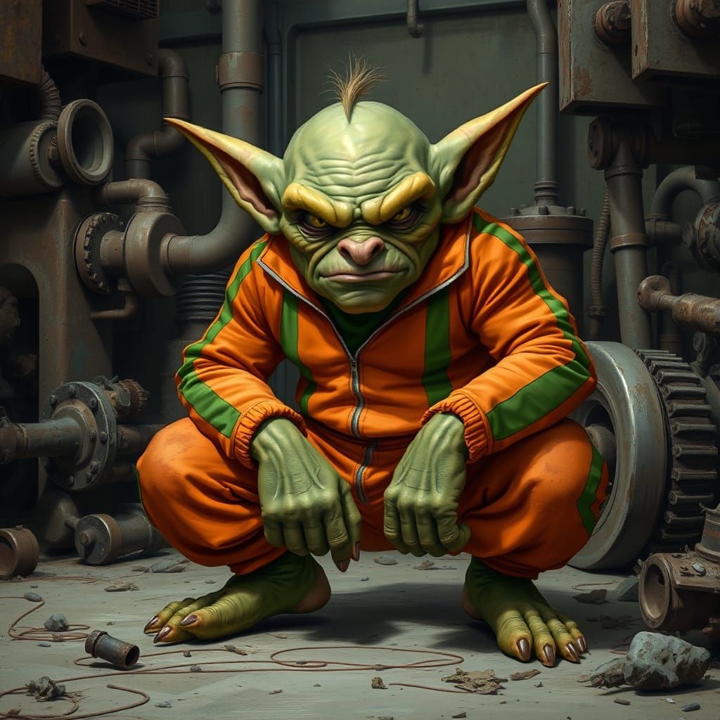 Goblin in Tracksuit Among Industrial Ruins