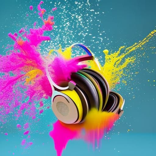 Headphones Exploding in a Multicolored Paint Splash
