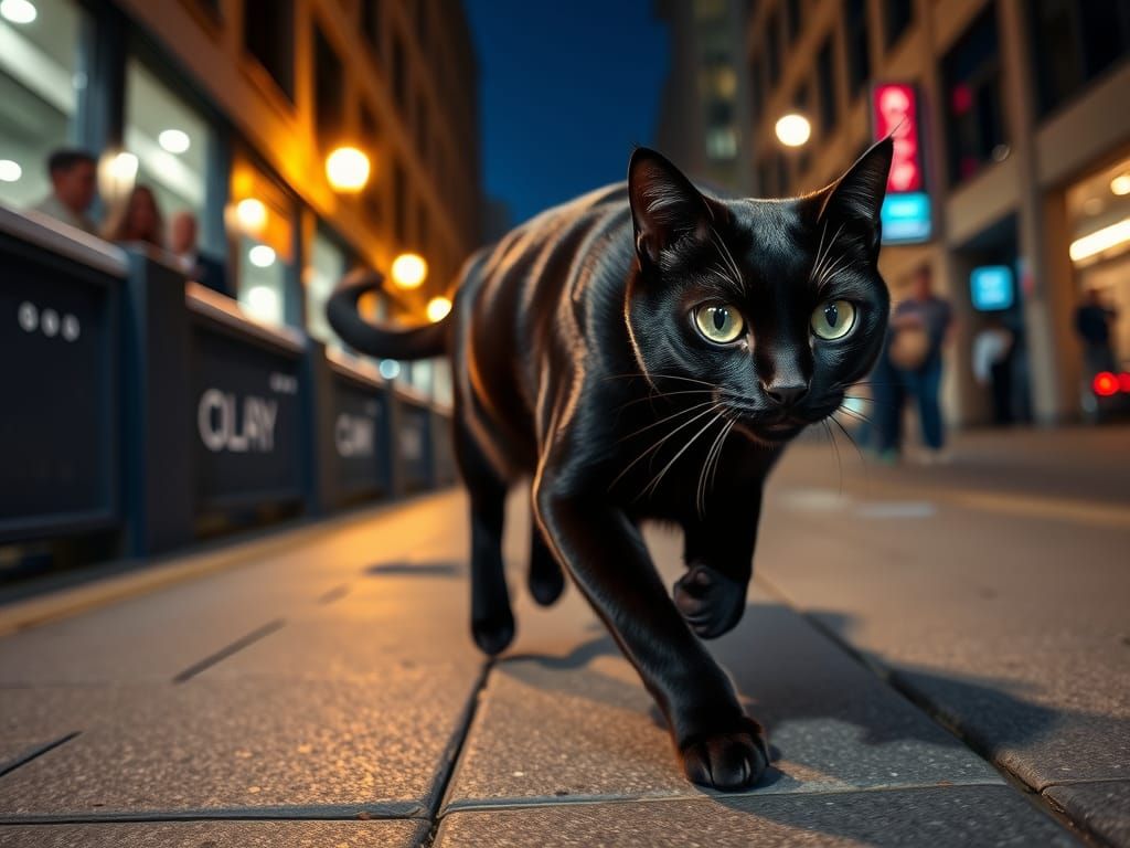 Black Cat Runs Fast Through City at Night