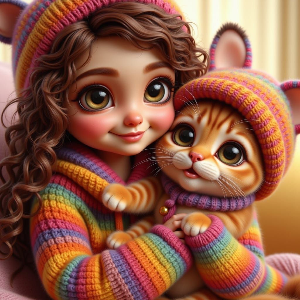 Woman and Cat in Matching Rainbow Sweaters and Beanies