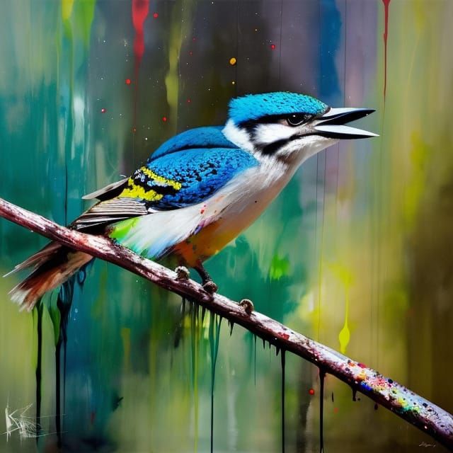 Kookaburra on Branch with Paint Splashes