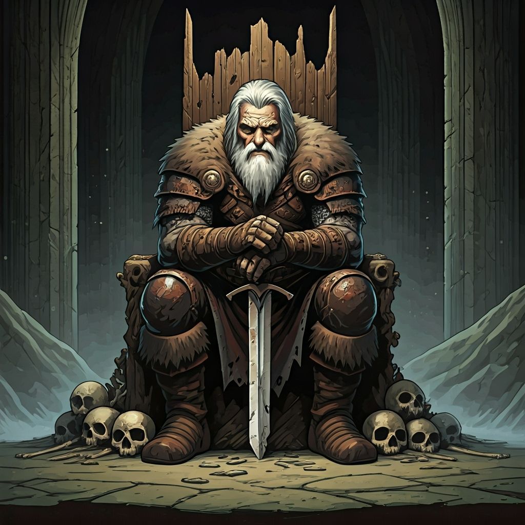 Old Barbarian King on Skull Throne in Comic Style