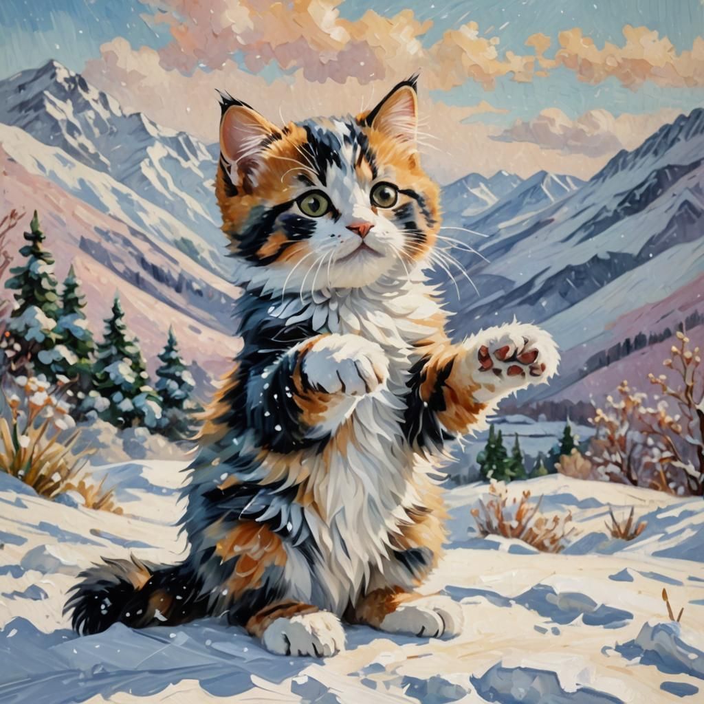 Calico Kitten Reaching for Snowflake as Impasto Painting