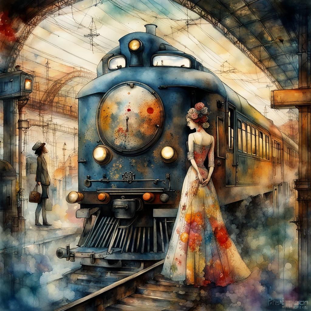 Lovers Parting at Train Station in Watercolor and Ink